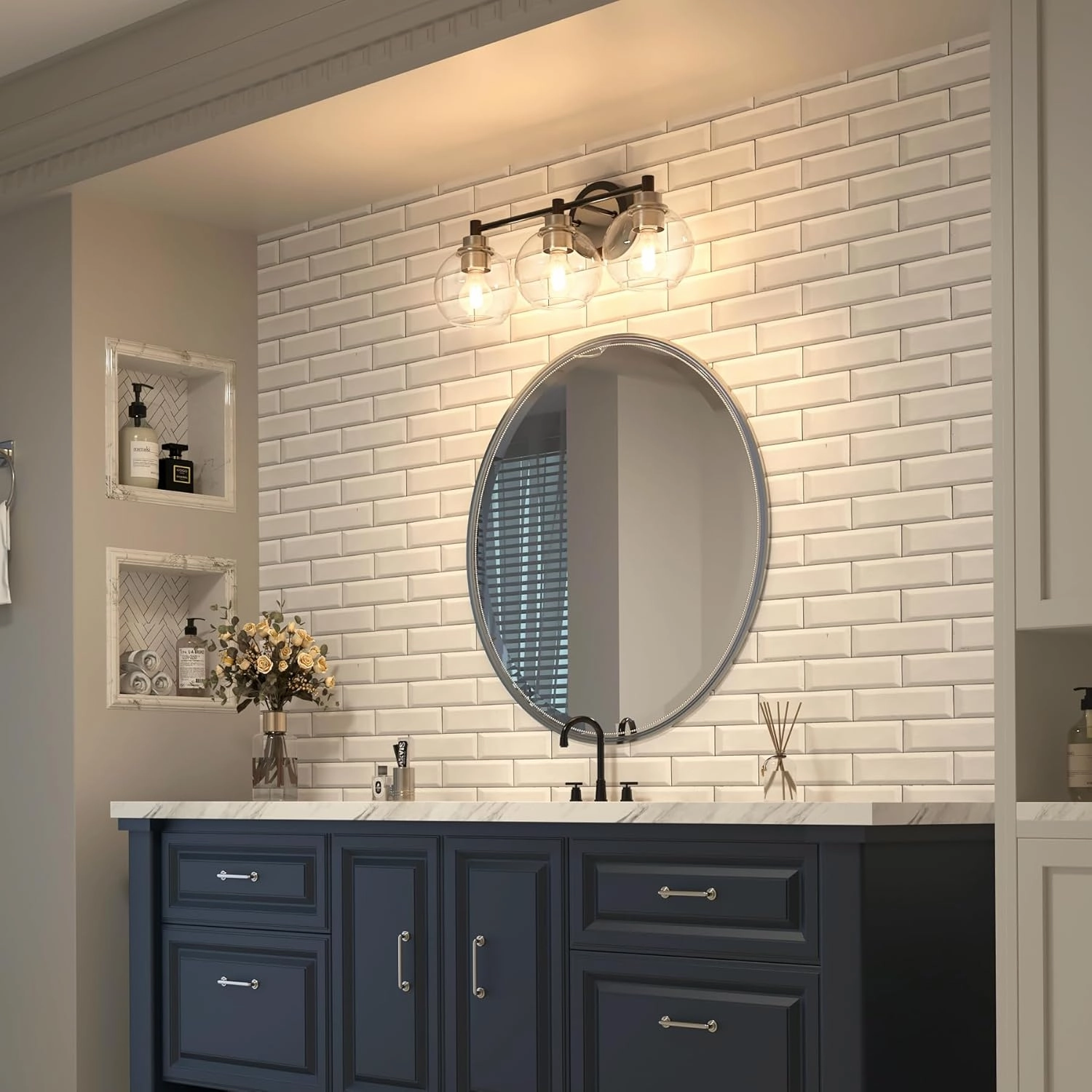 VONLUCE Bathroom Light Fixtures, 3-Light Vanity Light with Globe Glass Shades E26 Sockets, Bathroom Lights Over Mirror for Bedroom Hallway Living Room, Black & Nickel Finish