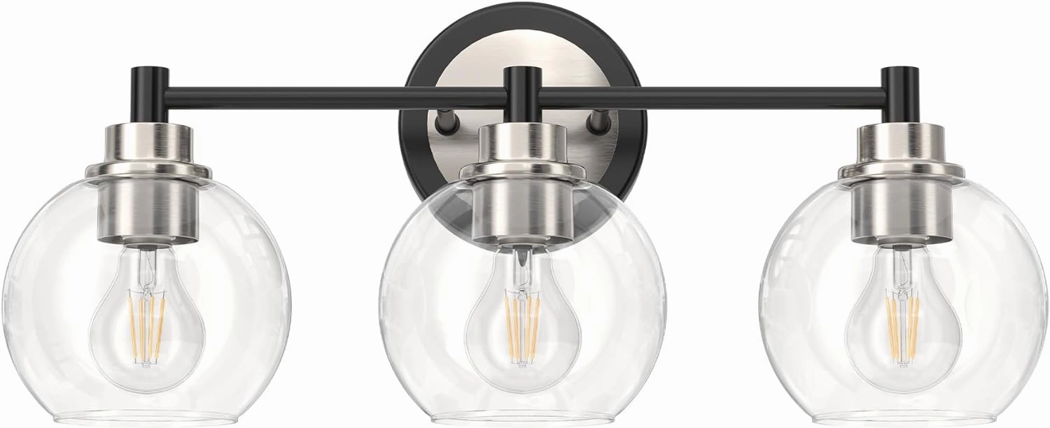 VONLUCE Bathroom Light Fixtures, 3-Light Vanity Light with Globe Glass Shades E26 Sockets, Bathroom Lights Over Mirror for Bedroom Hallway Living Room, Black & Nickel Finish