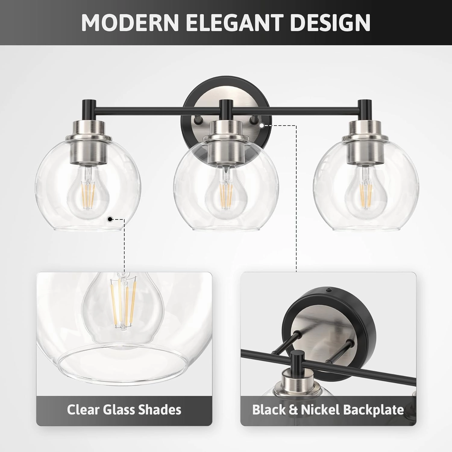 VONLUCE Bathroom Light Fixtures, 3-Light Vanity Light with Globe Glass Shades E26 Sockets, Bathroom Lights Over Mirror for Bedroom Hallway Living Room, Black & Nickel Finish
