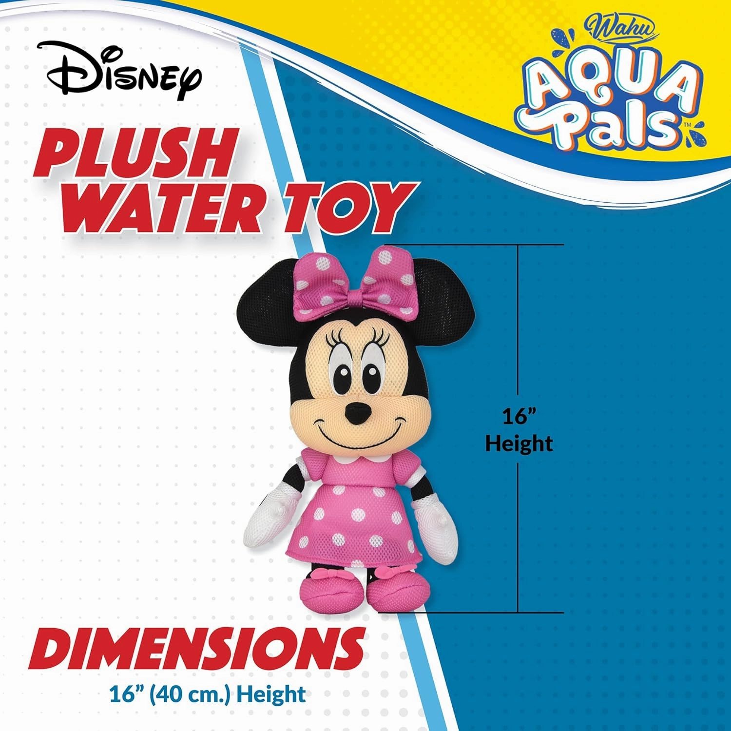 Wahu Aqua Pals Disney Classic Minnie Mouse Plush Water Toy for Kids Ages 2 , Fast-Drying Waterproof Plush Doll Toy for Pool and Bathtub, Medium, Pink/Black, 16"