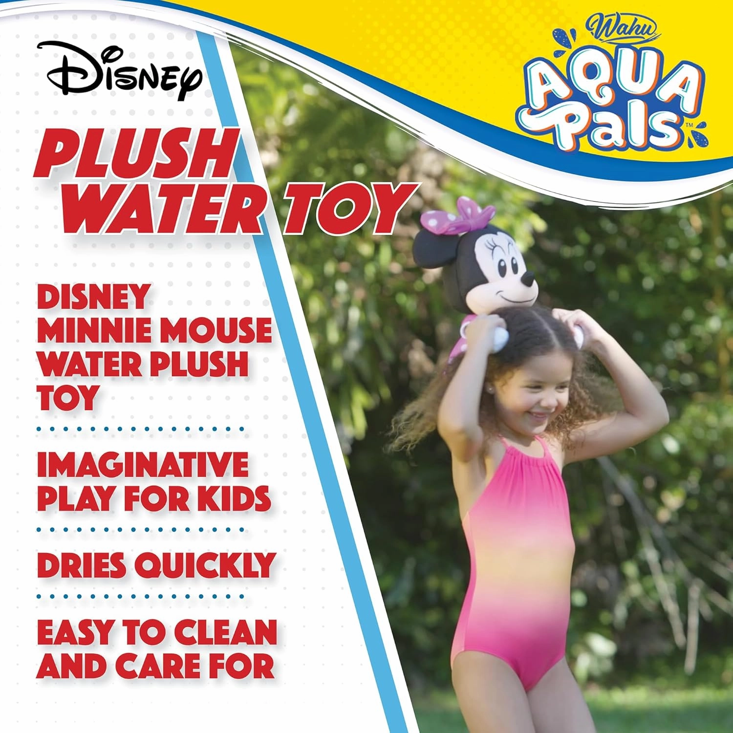Wahu Aqua Pals Disney Classic Minnie Mouse Plush Water Toy for Kids Ages 2 , Fast-Drying Waterproof Plush Doll Toy for Pool and Bathtub, Medium, Pink/Black, 16"