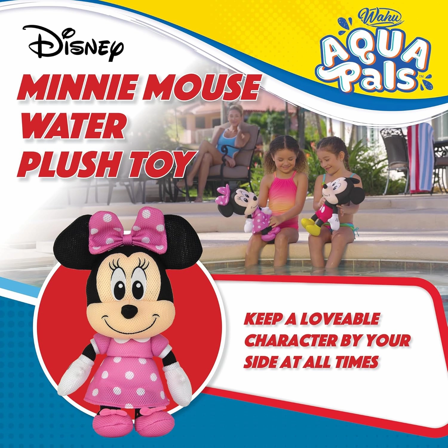 Wahu Aqua Pals Disney Classic Minnie Mouse Plush Water Toy for Kids Ages 2 , Fast-Drying Waterproof Plush Doll Toy for Pool and Bathtub, Medium, Pink/Black, 16"