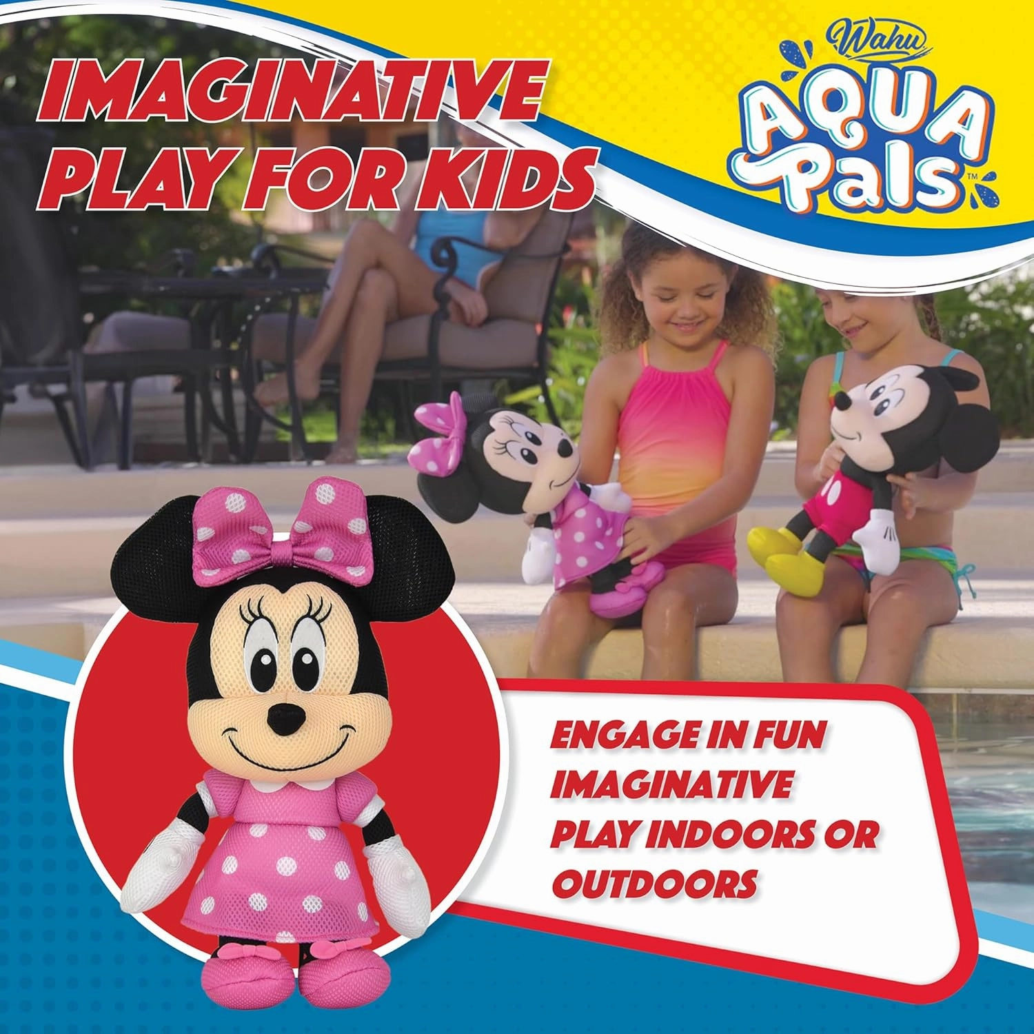 Wahu Aqua Pals Disney Classic Minnie Mouse Plush Water Toy for Kids Ages 2 , Fast-Drying Waterproof Plush Doll Toy for Pool and Bathtub, Medium, Pink/Black, 16"