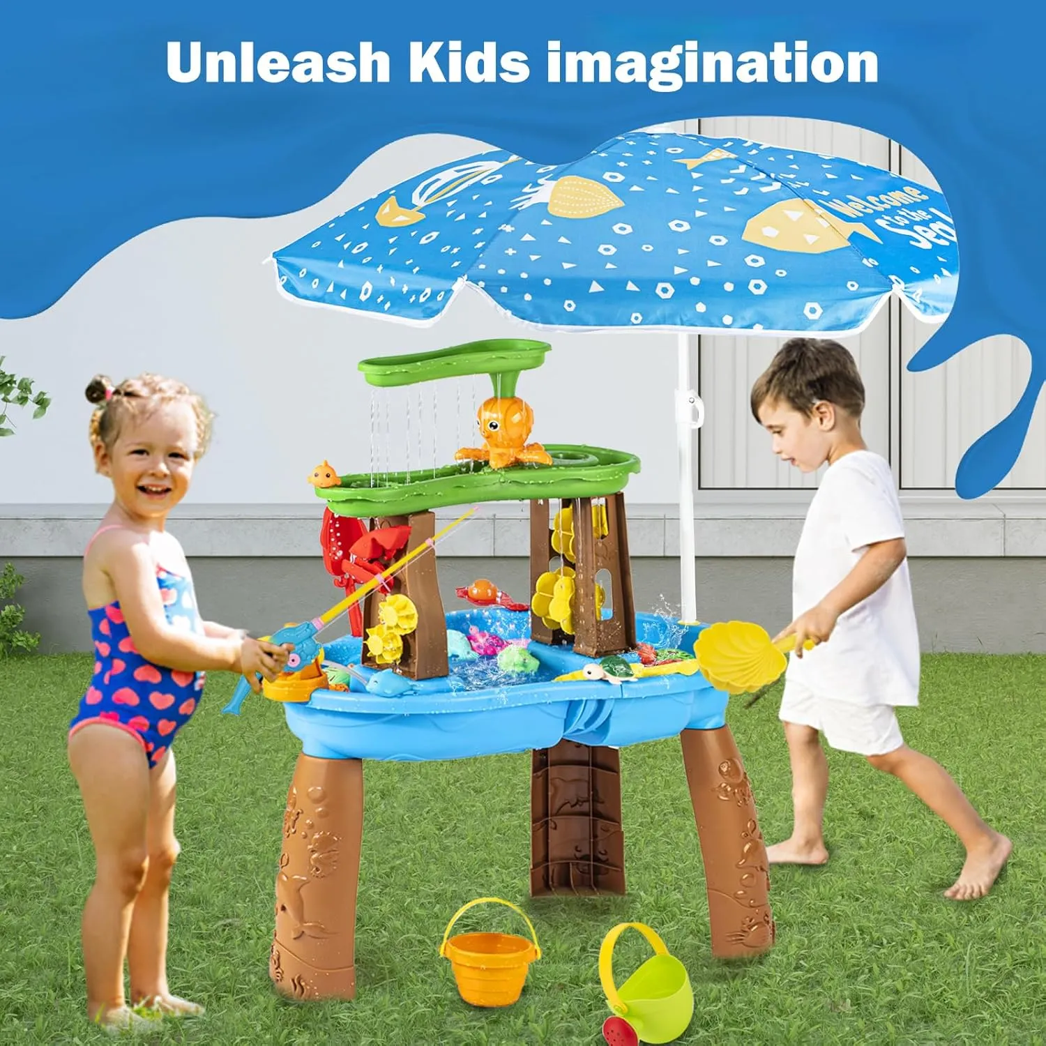 Water Table for Toddlers 3-5 with Umbrella Outdoor Toys for Kids Ages 4-8 3-Tier Kids Sand Water Table with Fishing Game Set Activity Sensory Table Summer Gift Beach Outside Toys for Toddlers