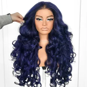 Wear And Go Blue Lace Wig Pre-Plucked Glueless Yaki Crazy Body Wave Wig Pre-cut Synthetic 13x6 Dark Blue Balayage HD Lace Front Wig