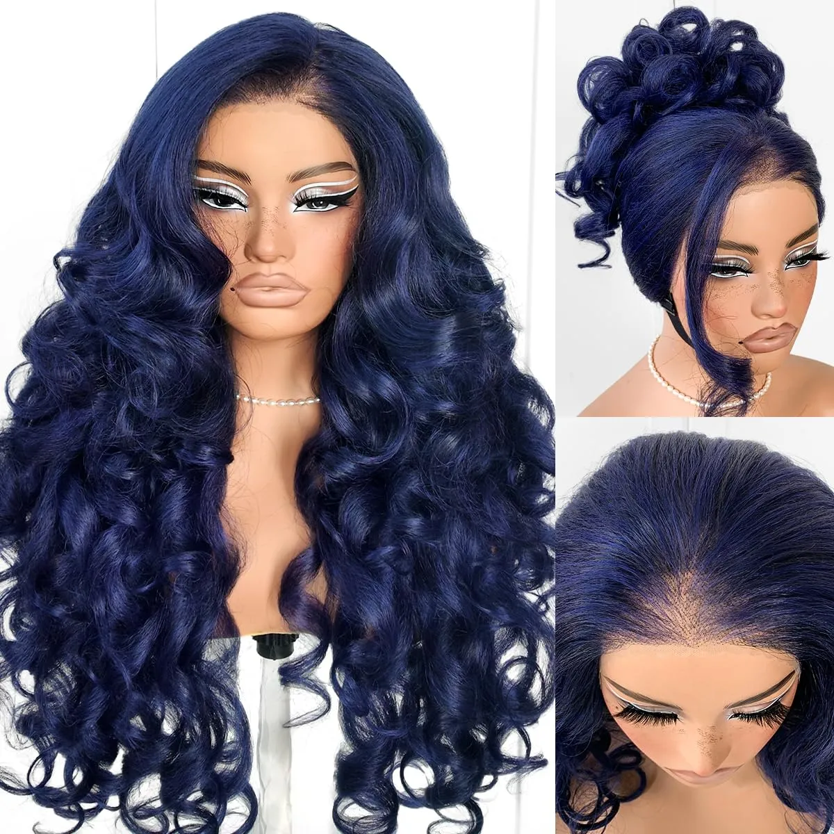 Wear And Go Blue Lace Wig Pre-Plucked Glueless Yaki Crazy Body Wave Wig Pre-cut Synthetic 13x6 Dark Blue Balayage HD Lace Front Wig