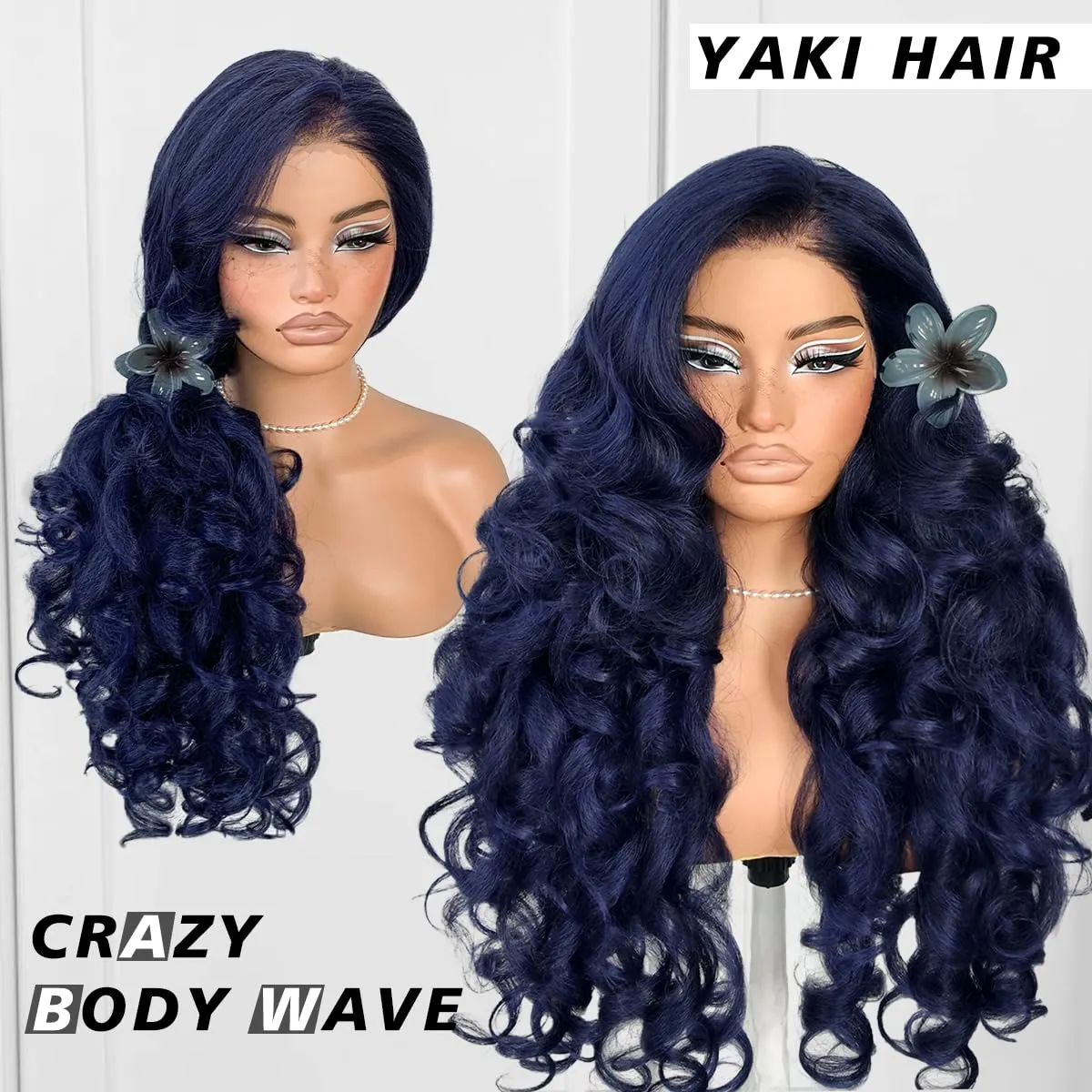 Wear And Go Blue Lace Wig Pre-Plucked Glueless Yaki Crazy Body Wave Wig Pre-cut Synthetic 13x6 Dark Blue Balayage HD Lace Front Wig