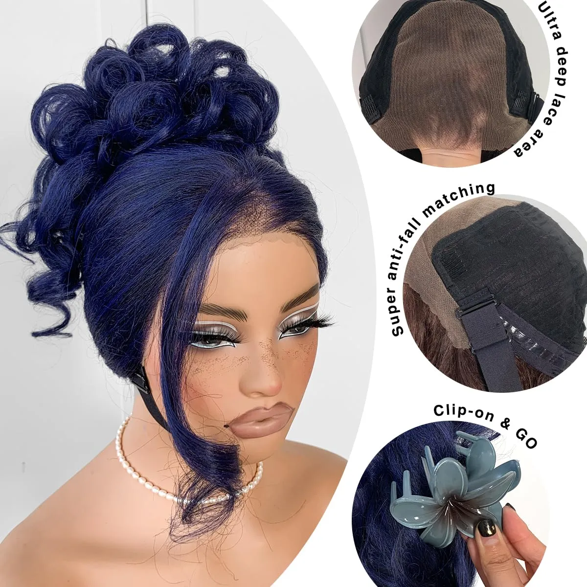 Wear And Go Blue Lace Wig Pre-Plucked Glueless Yaki Crazy Body Wave Wig Pre-cut Synthetic 13x6 Dark Blue Balayage HD Lace Front Wig