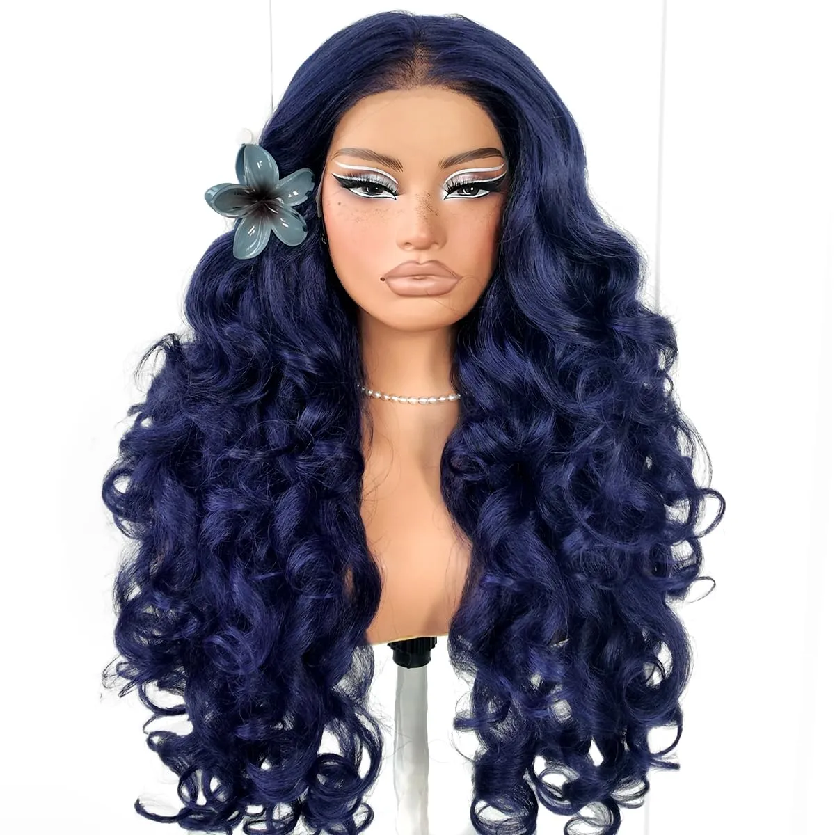 Wear And Go Blue Lace Wig Pre-Plucked Glueless Yaki Crazy Body Wave Wig Pre-cut Synthetic 13x6 Dark Blue Balayage HD Lace Front Wig