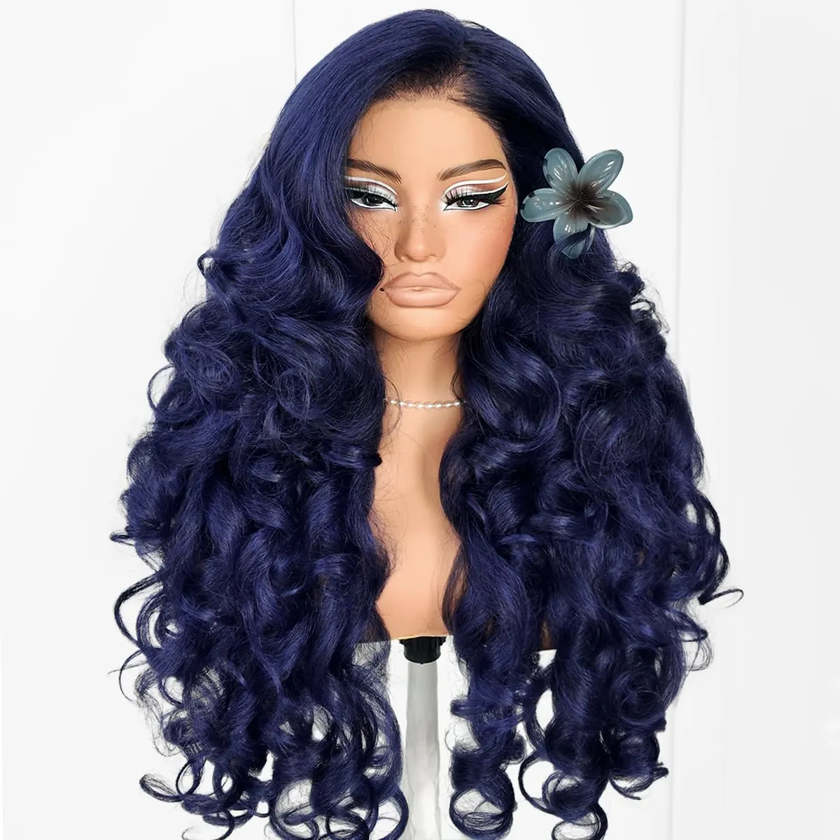 Wear And Go Blue Lace Wig Pre-Plucked Glueless Yaki Crazy Body Wave Wig Pre-cut Synthetic 13x6 Dark Blue Balayage HD Lace Front Wig