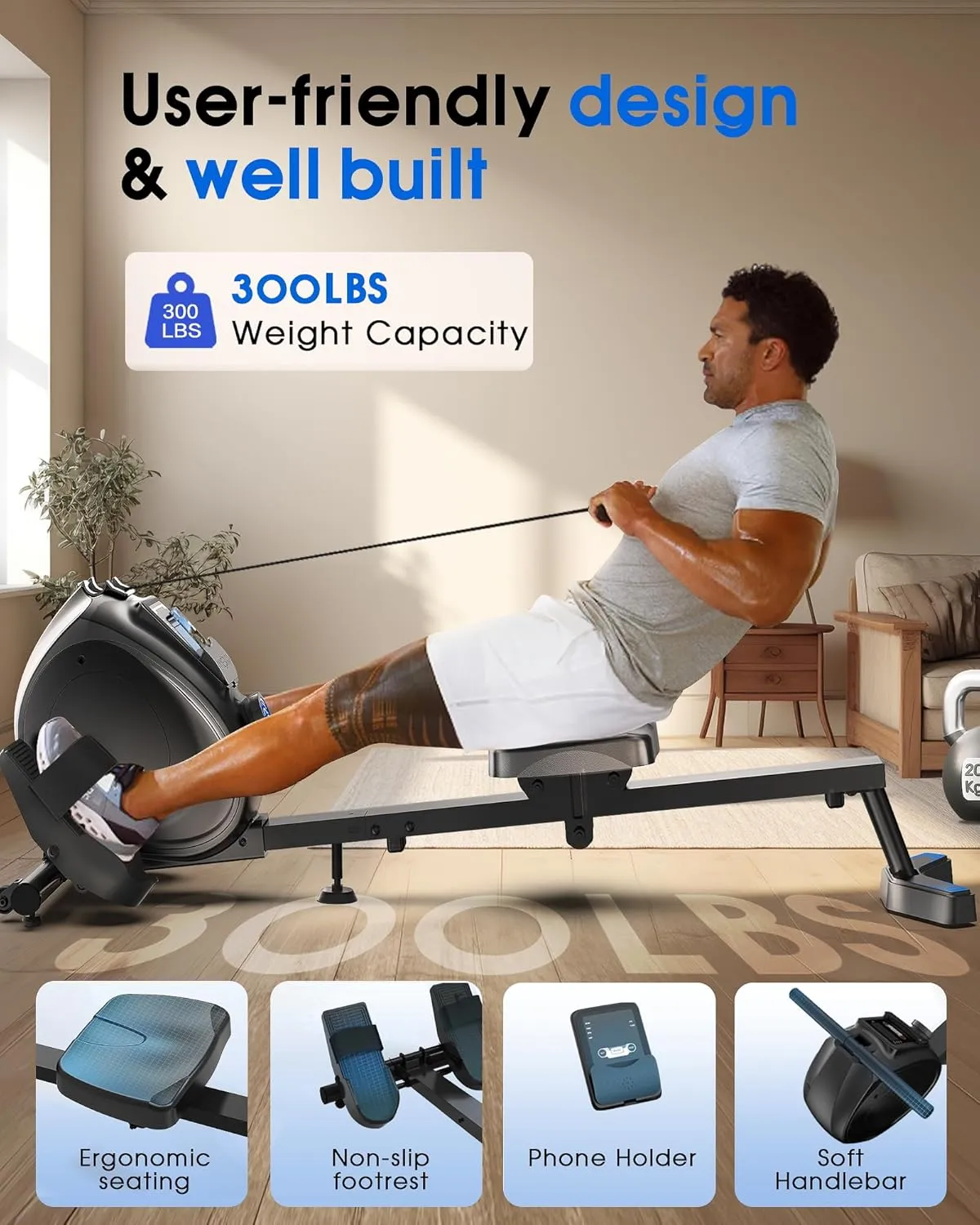 WELLFIT Rowing Machine, Magnetic Rower Machine for Home, Compact Upright Storage Rower for Small Space, 8 Levels Adjustable Resistance, 300lbs Weight Capacity, Works with Kinomap