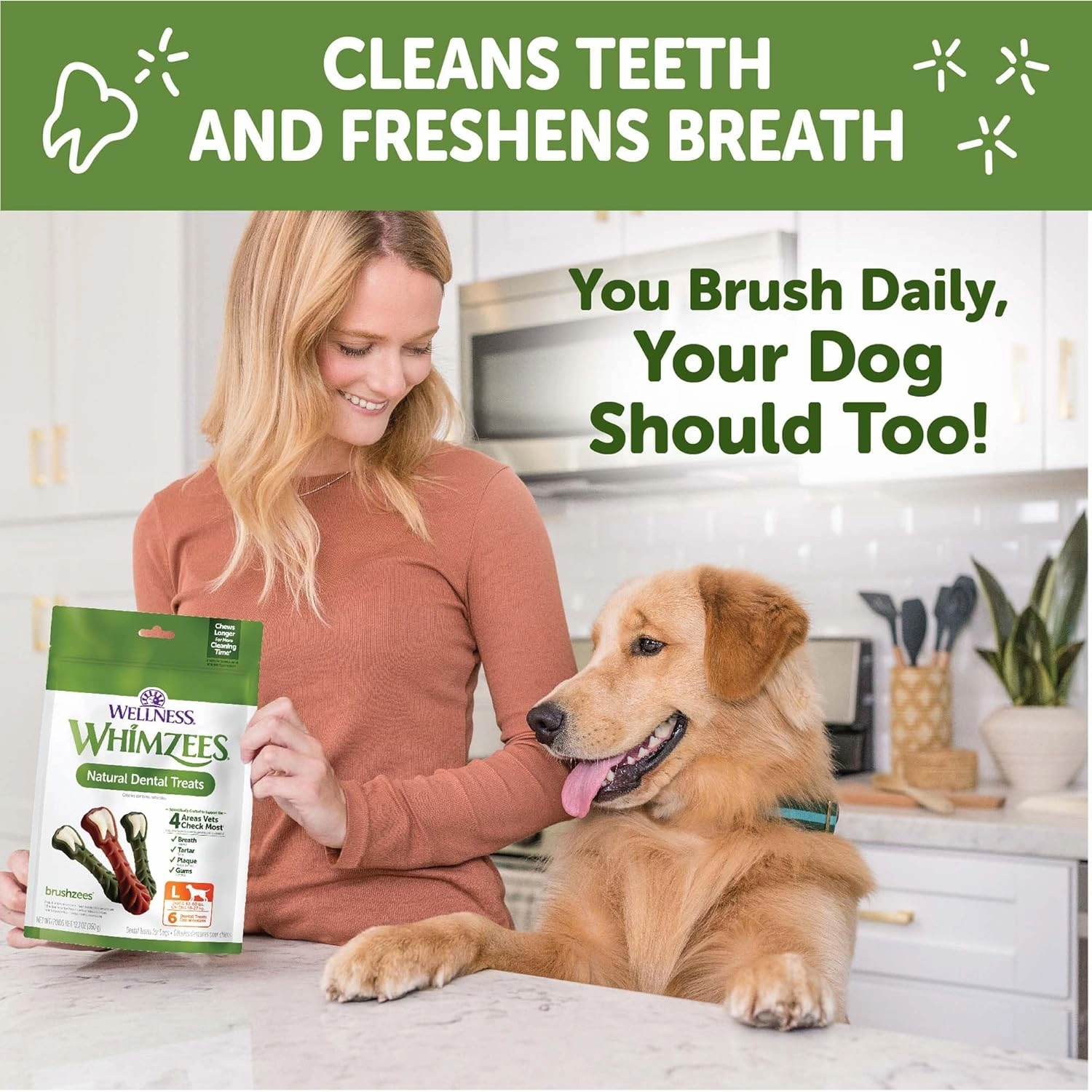 Wellness WHIMZEES Brushzees Dog Dental Treats, Natural Chews, Large Size Stick, (6 Count)