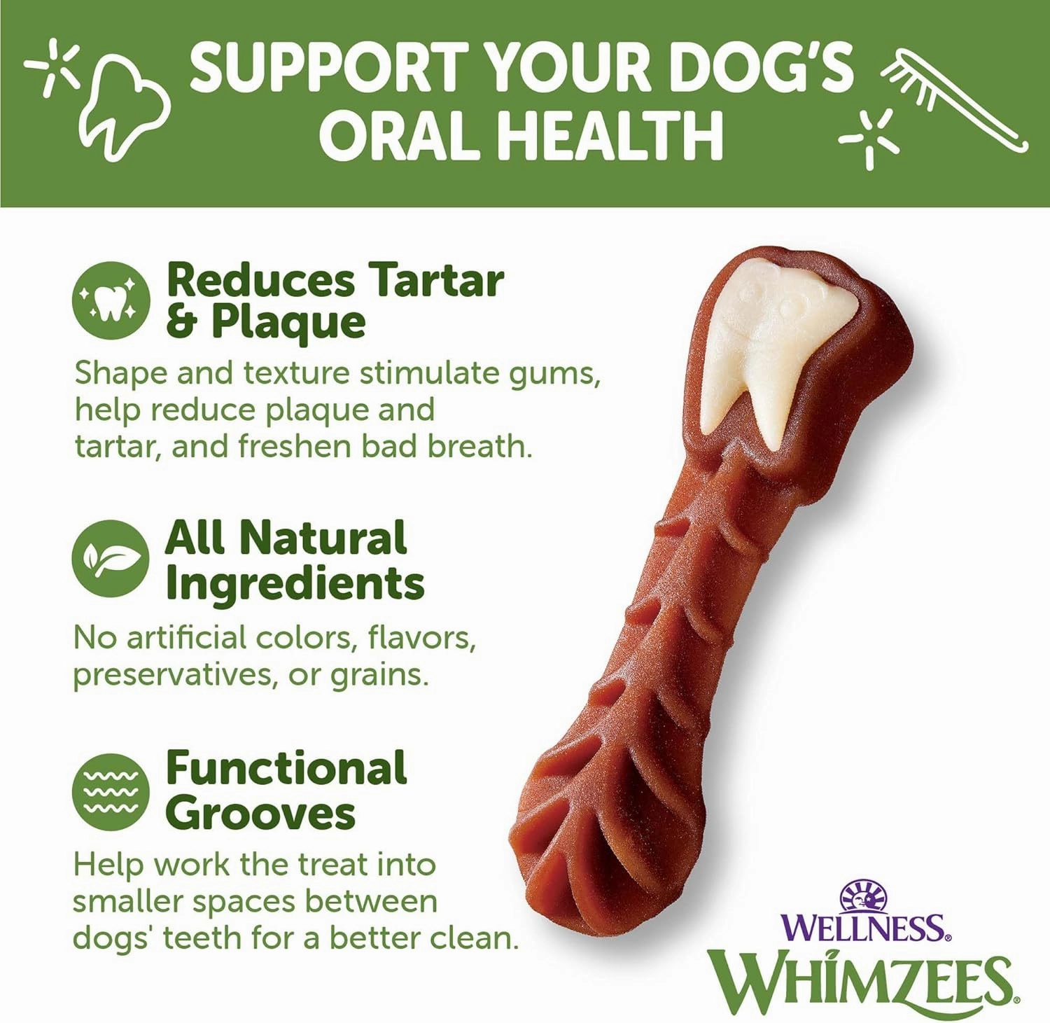 Wellness WHIMZEES Brushzees Dog Dental Treats, Natural Chews, Large Size Stick, (6 Count)