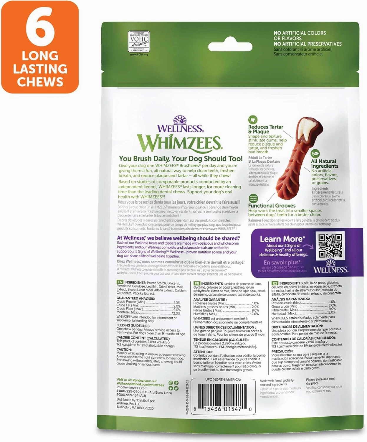 Wellness WHIMZEES Brushzees Dog Dental Treats, Natural Chews, Large Size Stick, (6 Count)