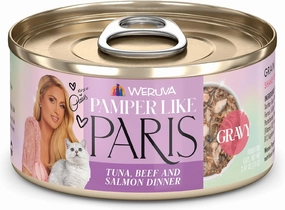 Weruva Paris Hilton Pamper Like Paris Natural Grain Free Wet Cat Food, Tuna, Beef, and Salmon in Gravy, 2.47oz Can (Pack of 12)