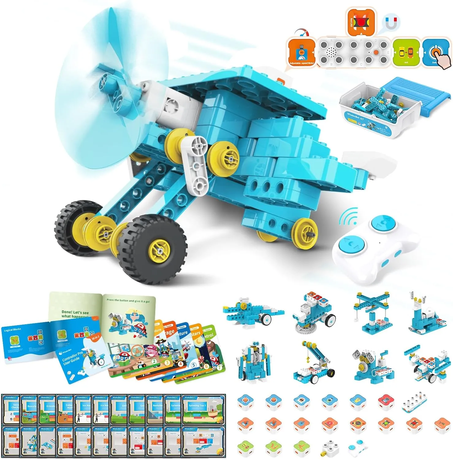 WhalesBot A7 36-in-1 Kids Coding & RC Robot Kit, 160  Piece Educational Building Set with Sensors & 2 Controllers & Motors, Interactive Storytelling & Play Cards, Toy Gift for Boys & Girls Ages 3-8
