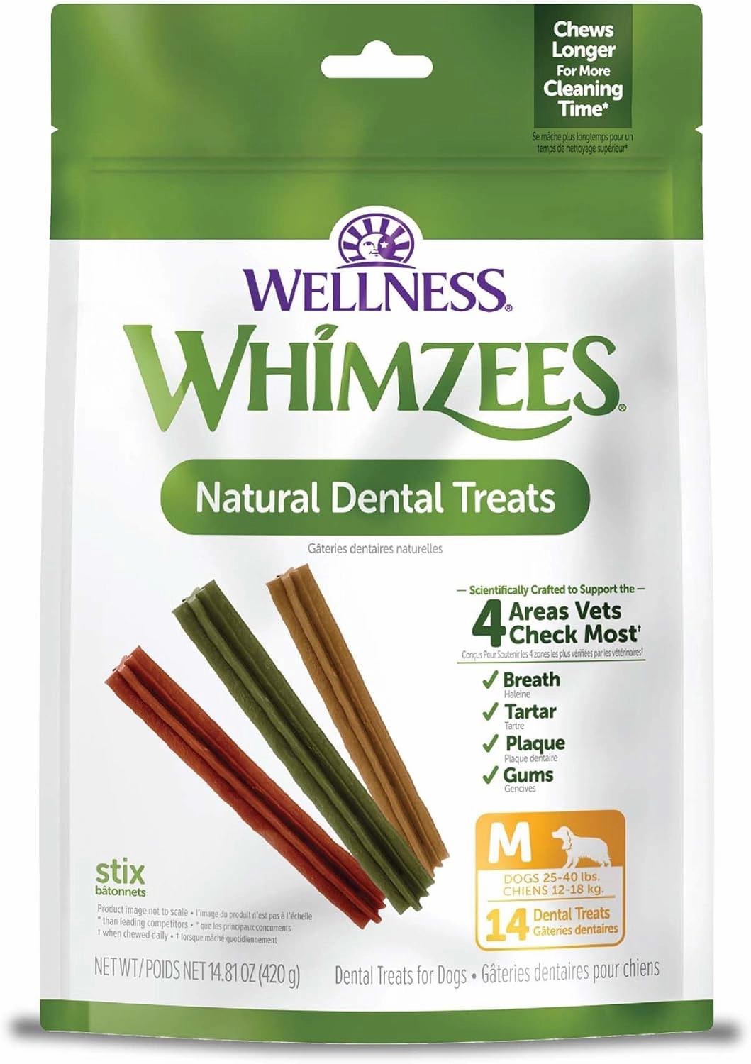 Whimzees Wellness Stix Dog Dental Treats, Natural Chews, Medium Size Stick, (14 Count)