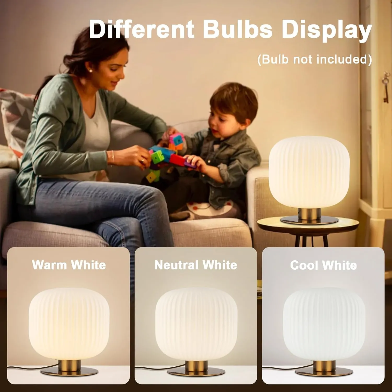 White Glass Table Lamp Mid Century Modern Desk Lamp with Striped Glass Shade Vintage Style Nightstand Lamp Small Reading Desk Light for Study Bedroom End Table Living Room