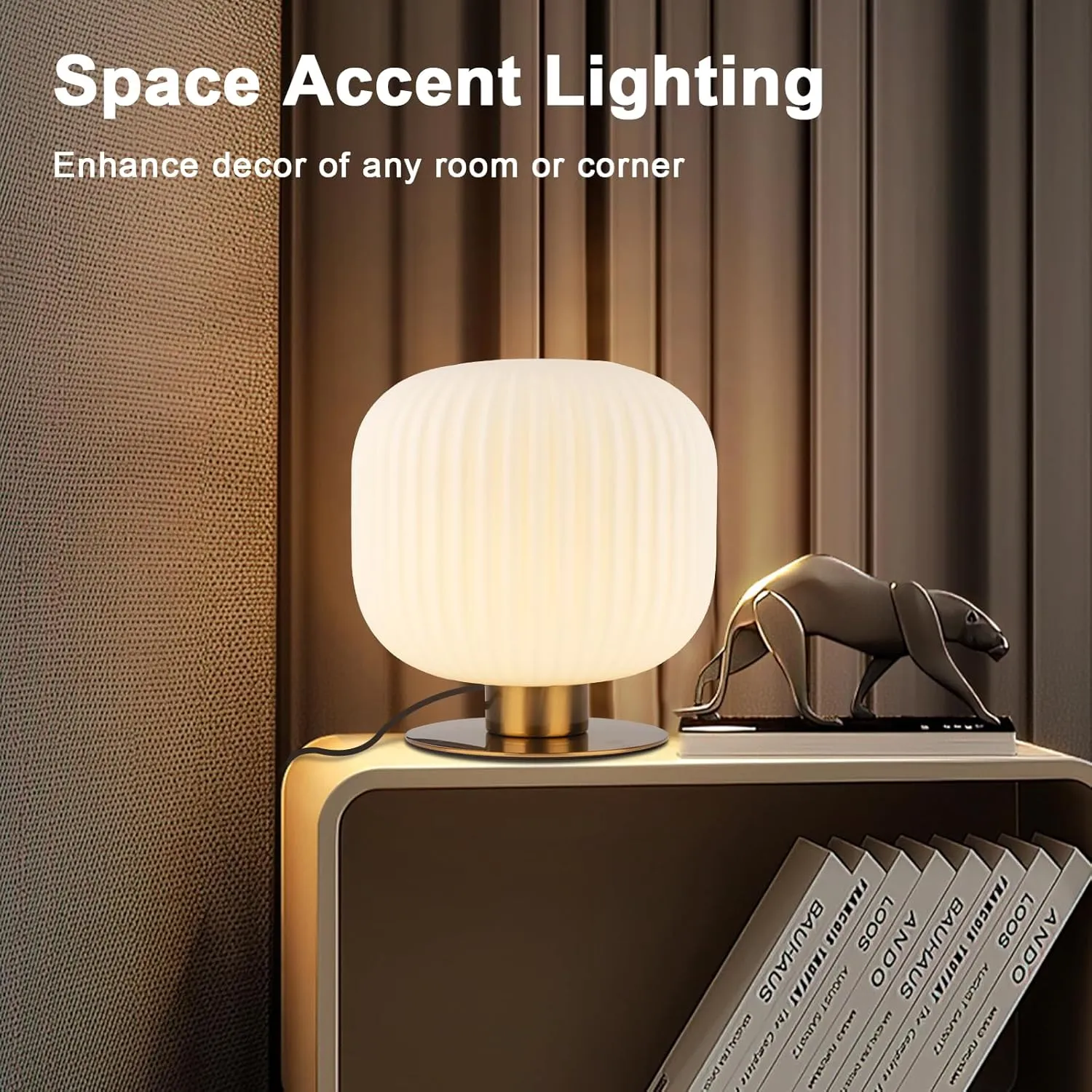 White Glass Table Lamp Mid Century Modern Desk Lamp with Striped Glass Shade Vintage Style Nightstand Lamp Small Reading Desk Light for Study Bedroom End Table Living Room