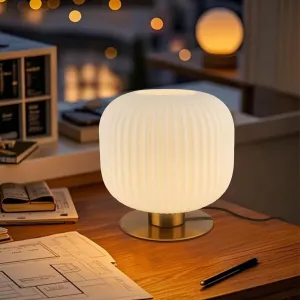White Glass Table Lamp Mid Century Modern Desk Lamp with Striped Glass Shade Vintage Style Nightstand Lamp Small Reading Desk Light for Study Bedroom End Table Living Room