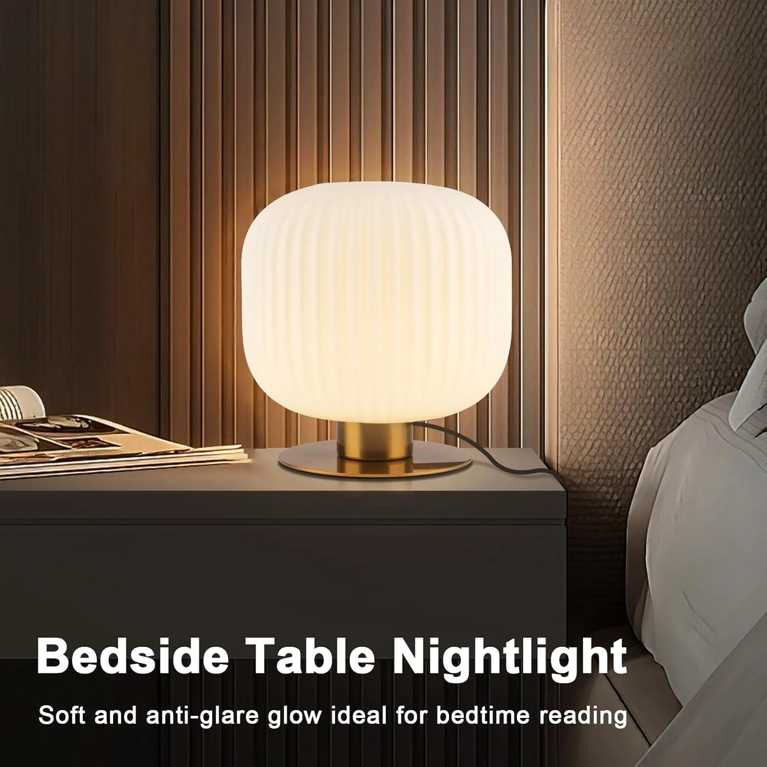 White Glass Table Lamp Mid Century Modern Desk Lamp with Striped Glass Shade Vintage Style Nightstand Lamp Small Reading Desk Light for Study Bedroom End Table Living Room