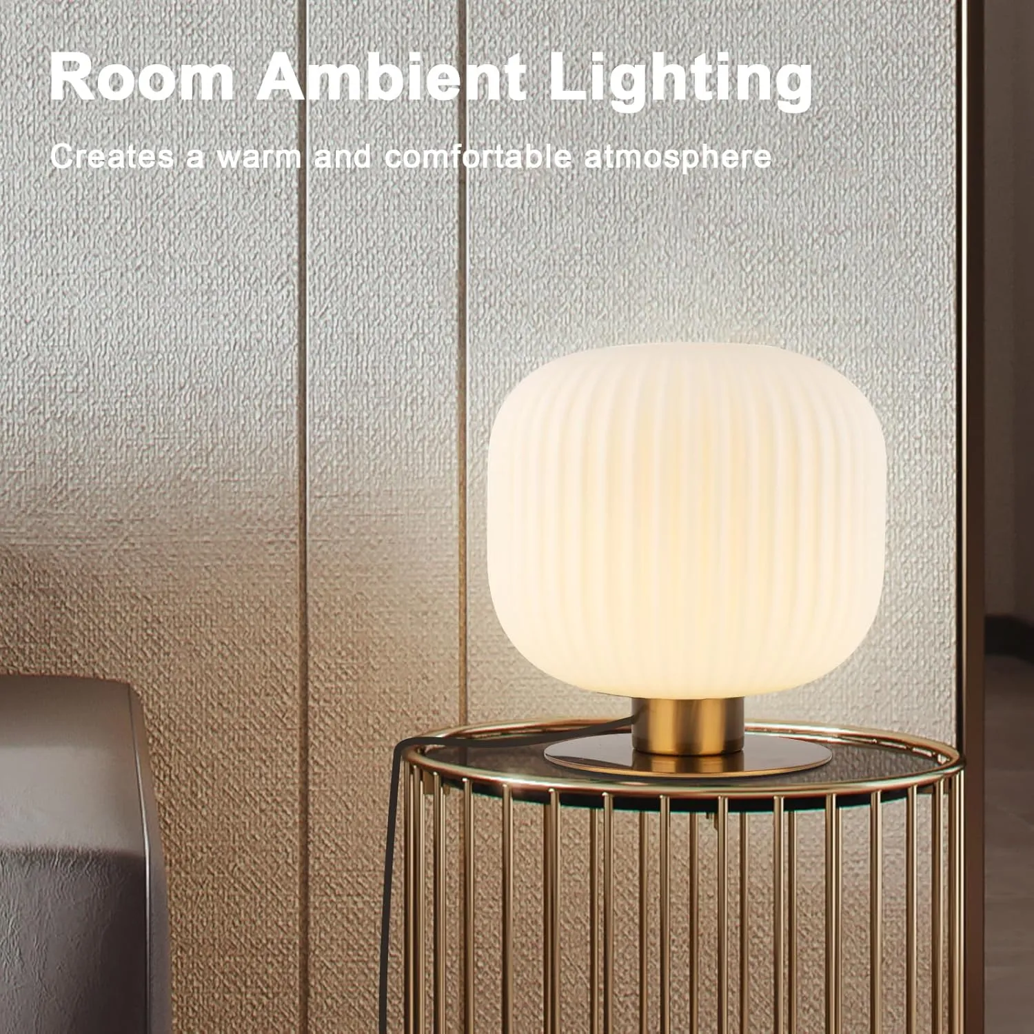 White Glass Table Lamp Mid Century Modern Desk Lamp with Striped Glass Shade Vintage Style Nightstand Lamp Small Reading Desk Light for Study Bedroom End Table Living Room
