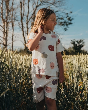 White Teddybear And Fruits Print Top And Short Set
