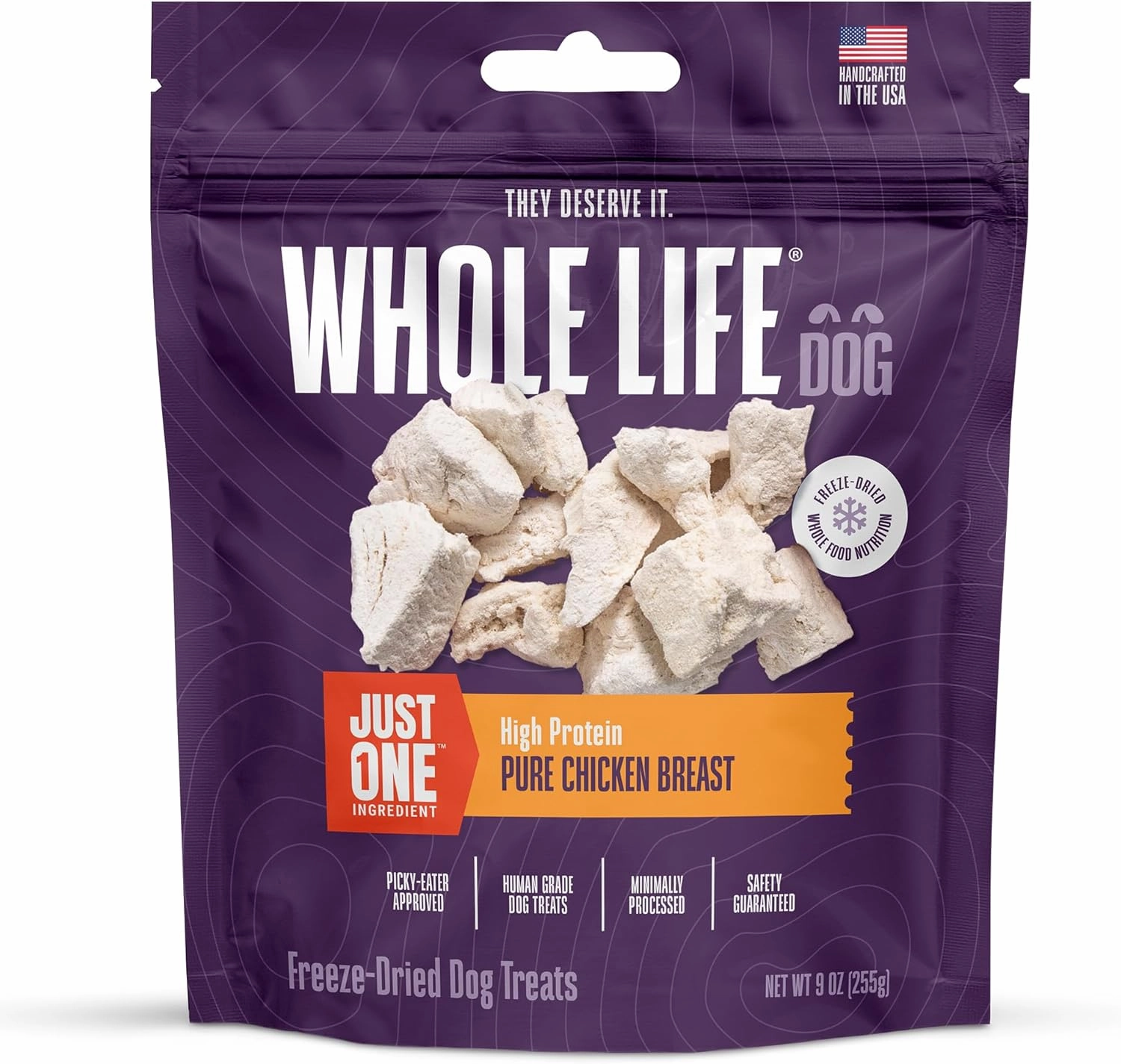 Whole Life Dog Just One Chicken Freeze Dried Dog Treats - Human Grade High Protein Food, Healthy Training Snacks, Freeze Dried Food Toppers, USA Made Natural Treats - 9 oz (Value Pack of 1)