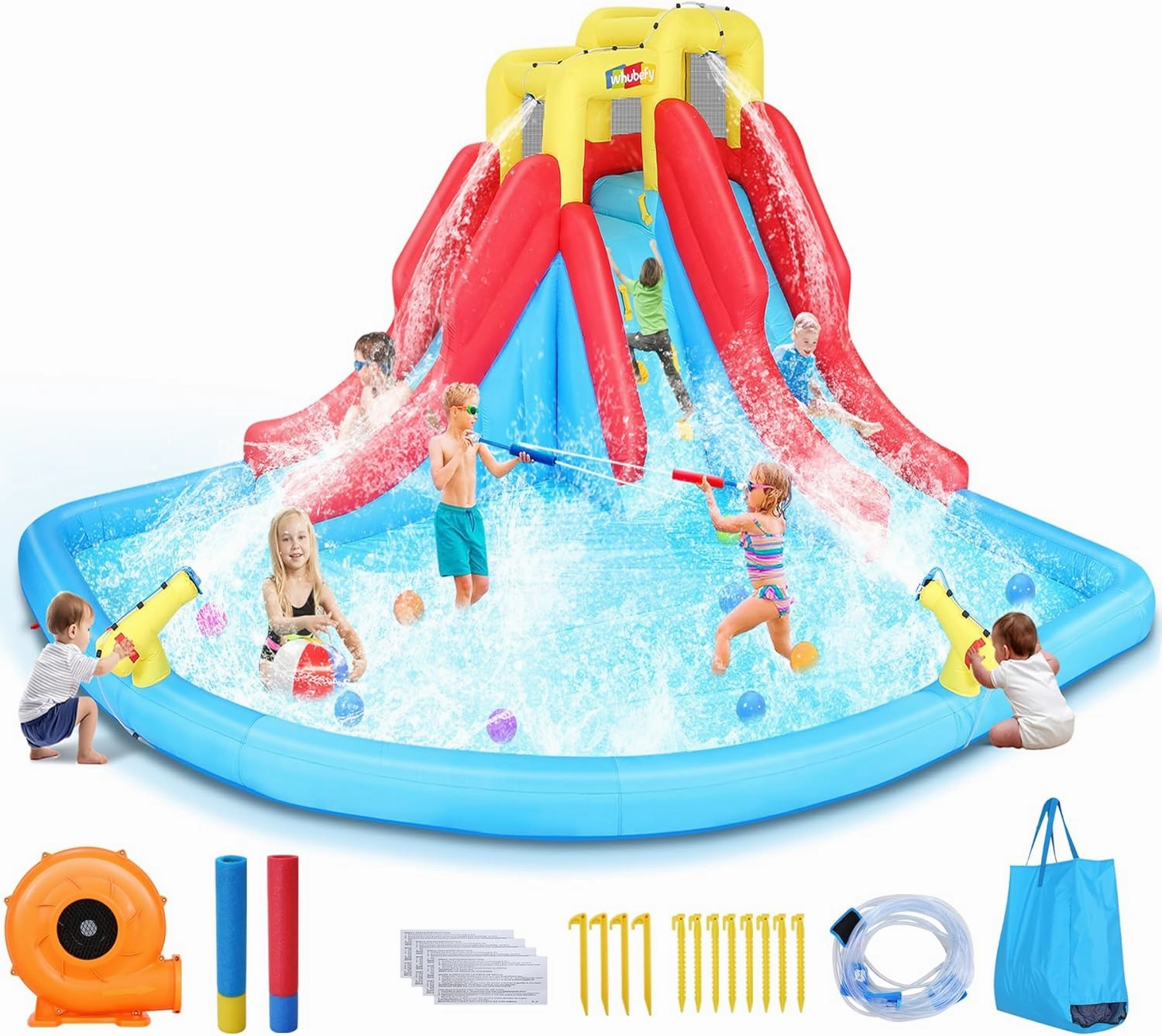 Whubefy Double Drench Inflatable Water Slide 14.5 x 12.7 x 7.5 FT - Mega Water Park with Blower & Water Squirters, Heavy-Duty for Backyard with 2 Slide, Climbing, Giant Splash Pool & 2 Water Cannon