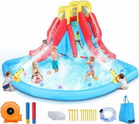 Whubefy Double Drench Inflatable Water Slide 14.5 x 12.7 x 7.5 FT - Mega Water Park with Blower & Water Squirters, Heavy-Duty for Backyard with 2 Slide, Climbing, Giant Splash Pool & 2 Water Cannon