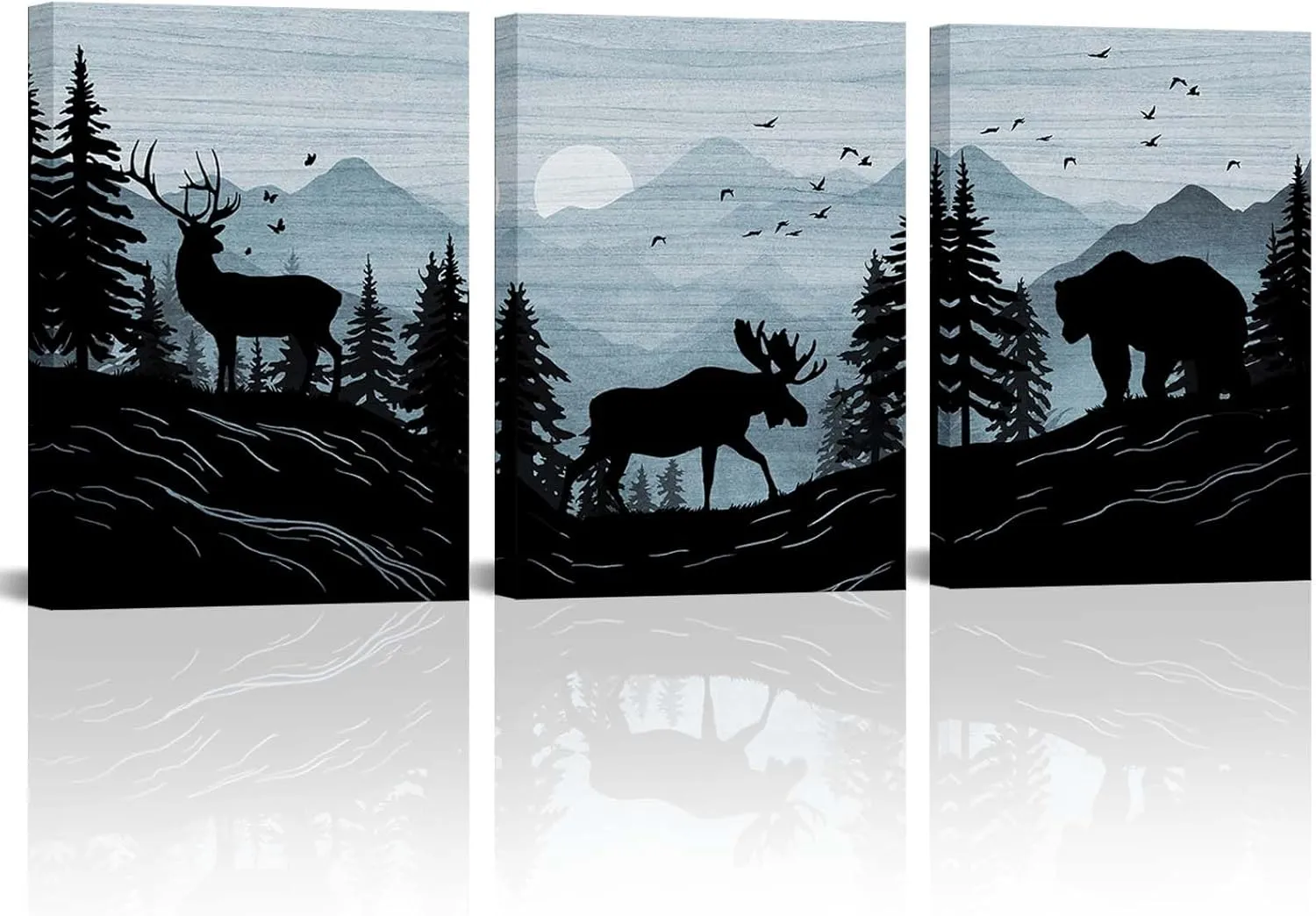 Wild Animal Canvas Wall Art Rustic Cabin Decor Bear Elk Moose Wall Pictures Forest Landscape Hunting Theme Painting Framed Farmhouse Wall Decor 12"x16"x3