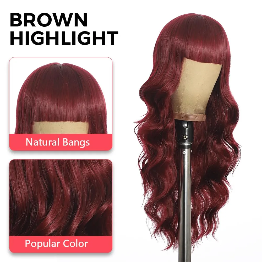 Wine red Wigs with Bangs for Women Long Wine red Wavy Wigs 26IN Natural Synthetic Wig for Daily Party Use(Wine red)