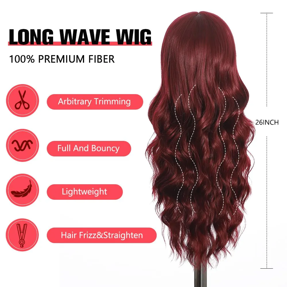 Wine red Wigs with Bangs for Women Long Wine red Wavy Wigs 26IN Natural Synthetic Wig for Daily Party Use(Wine red)
