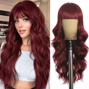 Wine red Wigs with Bangs for Women Long Wine red Wavy Wigs 26IN Natural Synthetic Wig for Daily Party Use(Wine red)