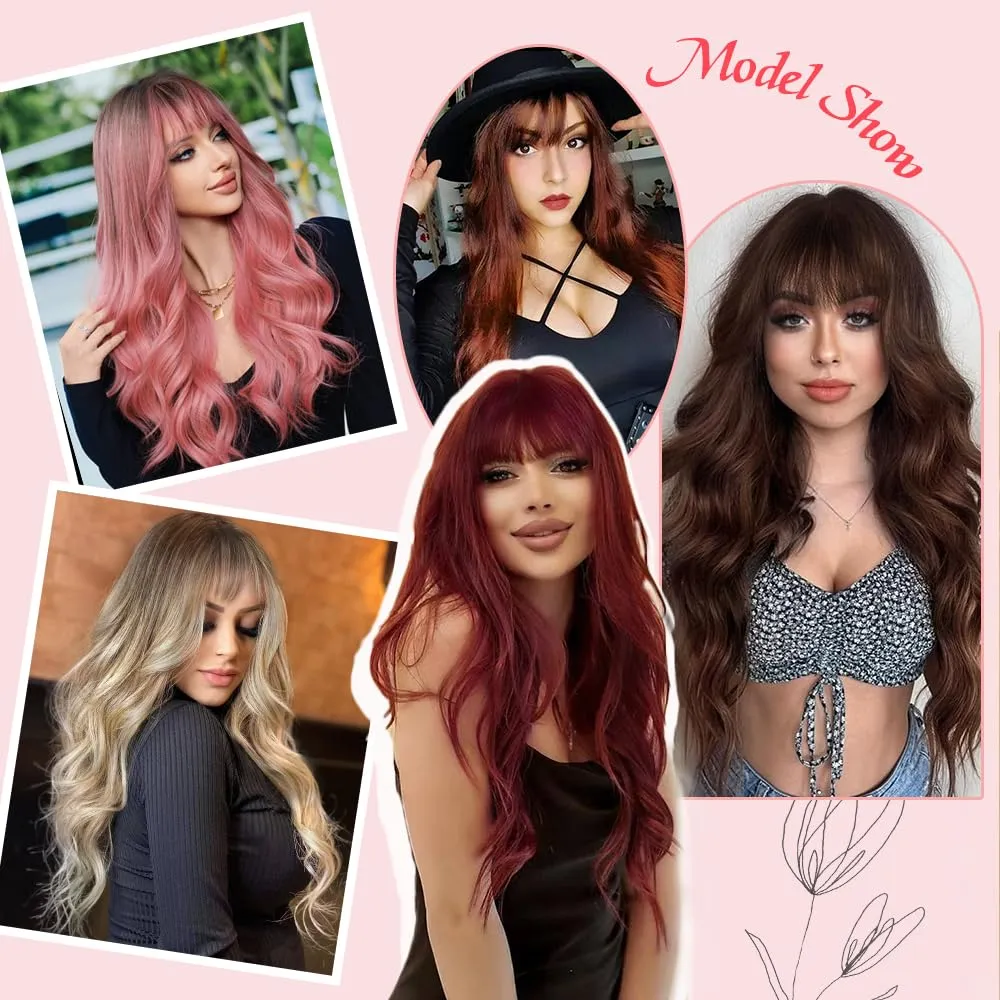 Wine red Wigs with Bangs for Women Long Wine red Wavy Wigs 26IN Natural Synthetic Wig for Daily Party Use(Wine red)
