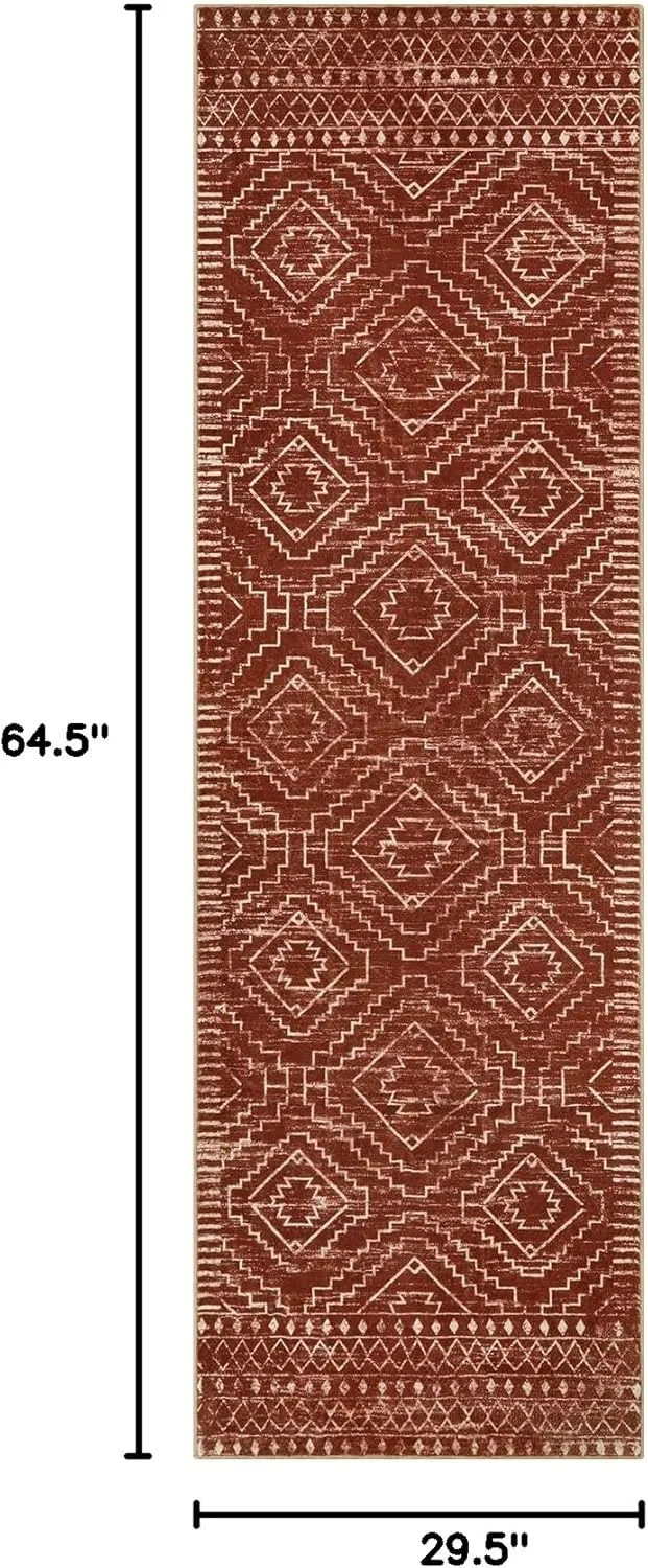 Wonnitar Moroccan 2'6"x8' Hallway Runner Rug, Washable Long Farmhouse Laundry Room Rug Runner, Non-Skid Boho Tribal Geometric Floor Carpet Runners for Kitchen Entrance Bathroom (Brown,2'6"x8')