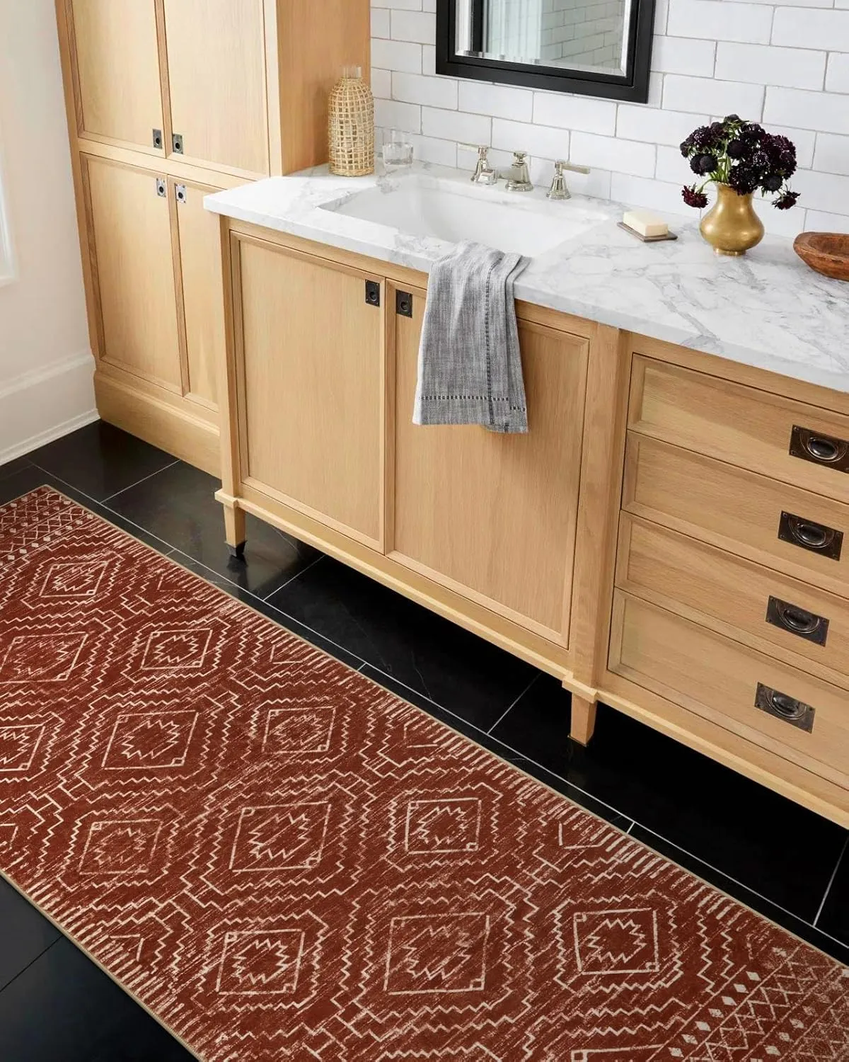 Wonnitar Moroccan 2'6"x8' Hallway Runner Rug, Washable Long Farmhouse Laundry Room Rug Runner, Non-Skid Boho Tribal Geometric Floor Carpet Runners for Kitchen Entrance Bathroom (Brown,2'6"x8')
