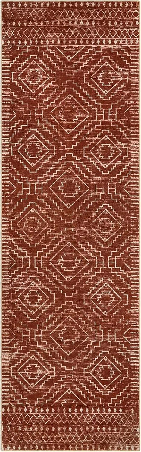 Wonnitar Moroccan 2'6"x8' Hallway Runner Rug, Washable Long Farmhouse Laundry Room Rug Runner, Non-Skid Boho Tribal Geometric Floor Carpet Runners for Kitchen Entrance Bathroom (Brown,2'6"x8')