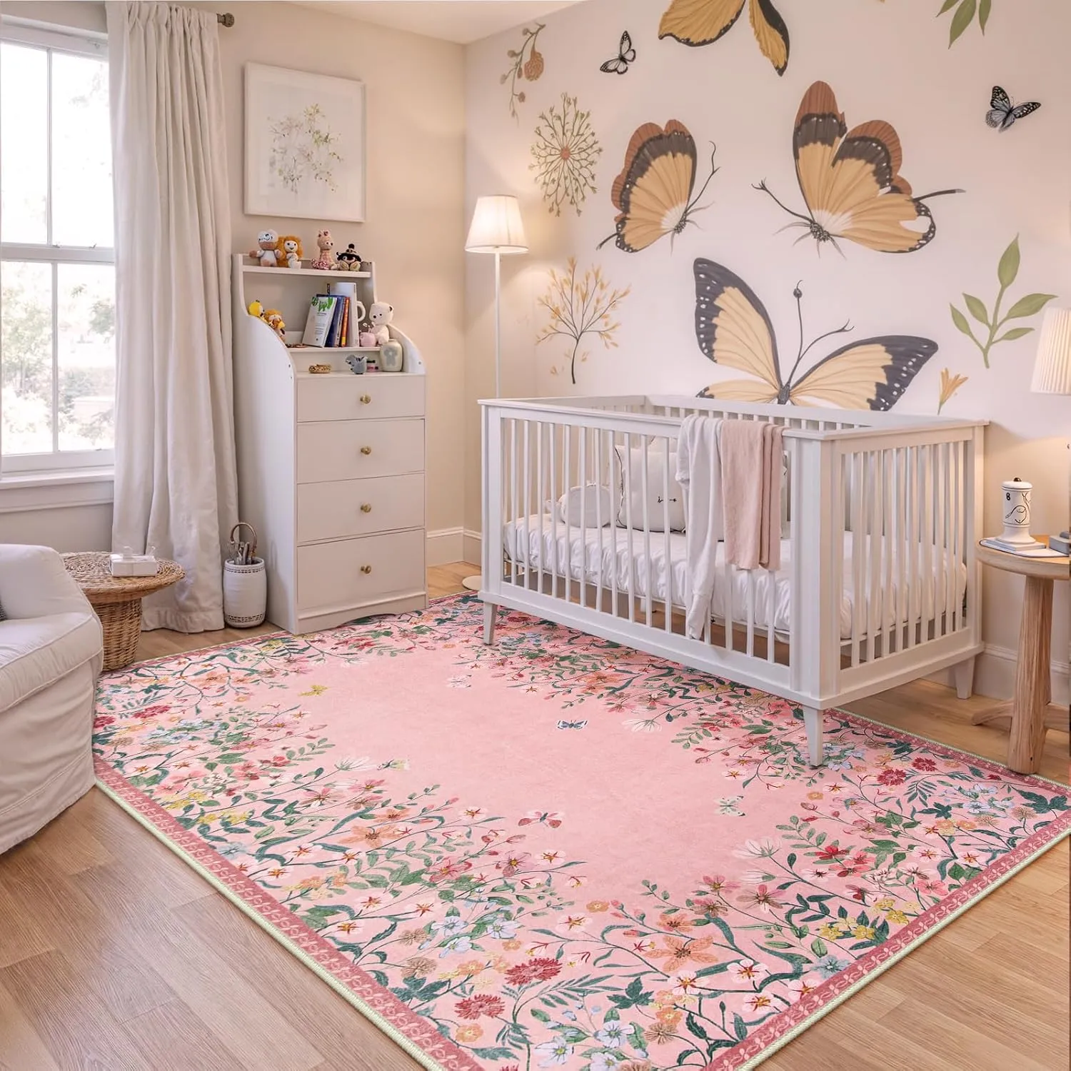 Wonnitar Washable Floral Print Non-Slip Area Rug for Living Room & Bedroom - Soft Large Throw Carpet for Kids Nursery (Pink, 5'x7'")