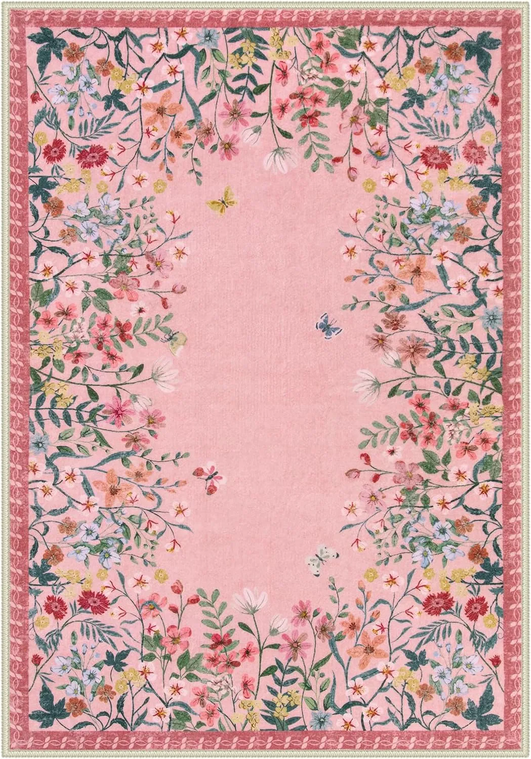 Wonnitar Washable Floral Print Non-Slip Area Rug for Living Room & Bedroom - Soft Large Throw Carpet for Kids Nursery (Pink, 5'x7'")