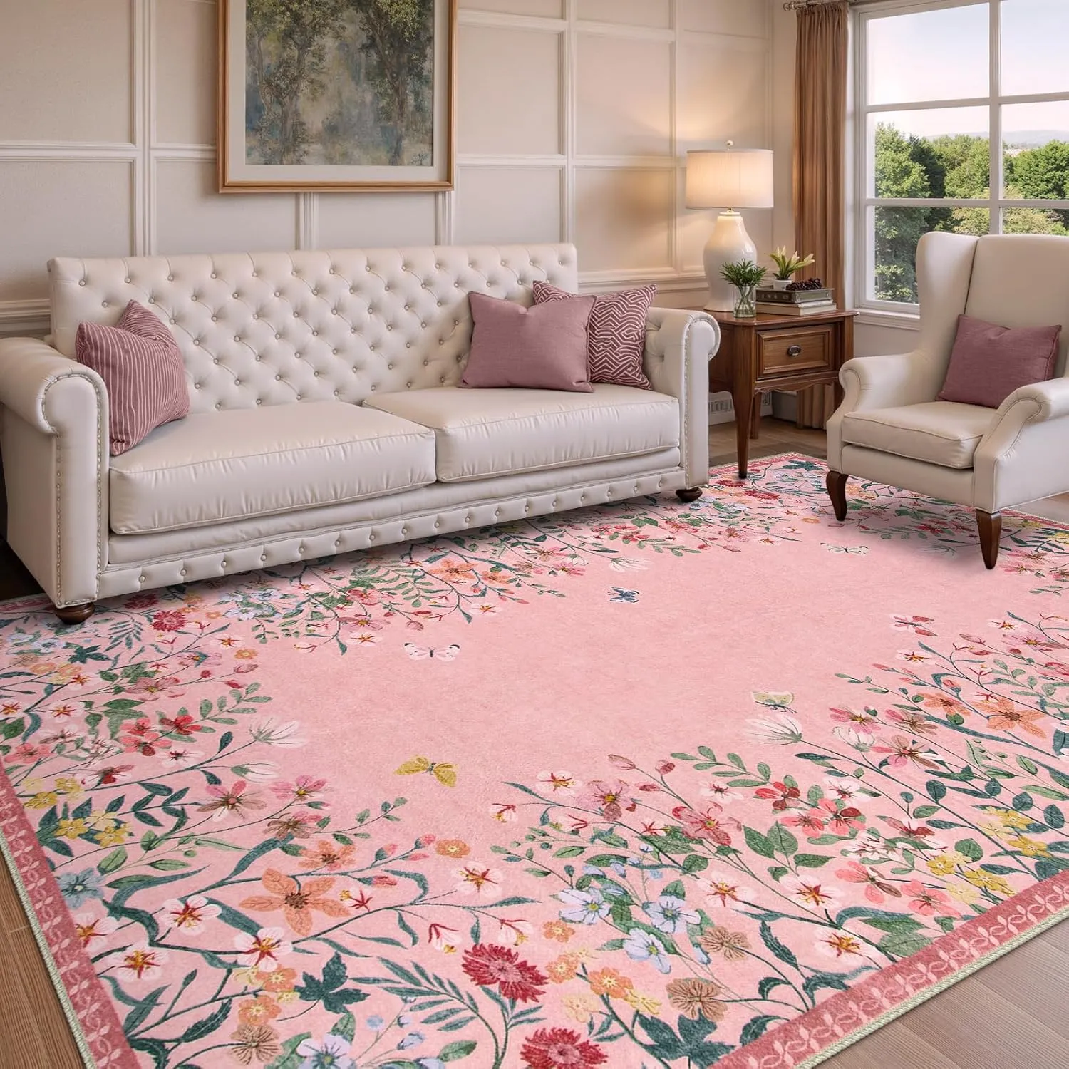 Wonnitar Washable Floral Print Non-Slip Area Rug for Living Room & Bedroom - Soft Large Throw Carpet for Kids Nursery (Pink, 5'x7'")