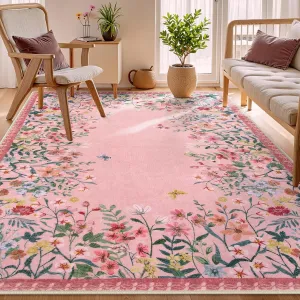 Wonnitar Washable Floral Print Non-Slip Area Rug for Living Room & Bedroom - Soft Large Throw Carpet for Kids Nursery (Pink, 5'x7'")