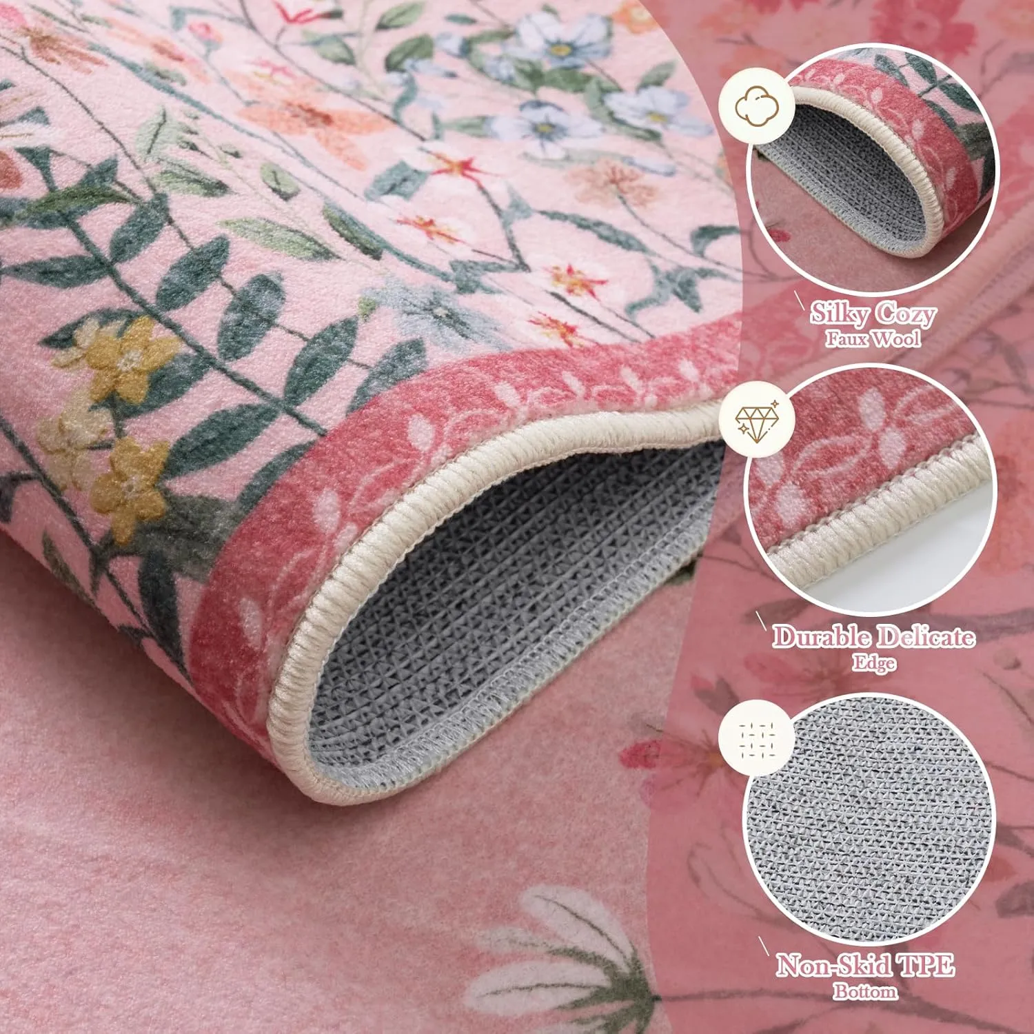 Wonnitar Washable Floral Print Non-Slip Area Rug for Living Room & Bedroom - Soft Large Throw Carpet for Kids Nursery (Pink, 5'x7'")
