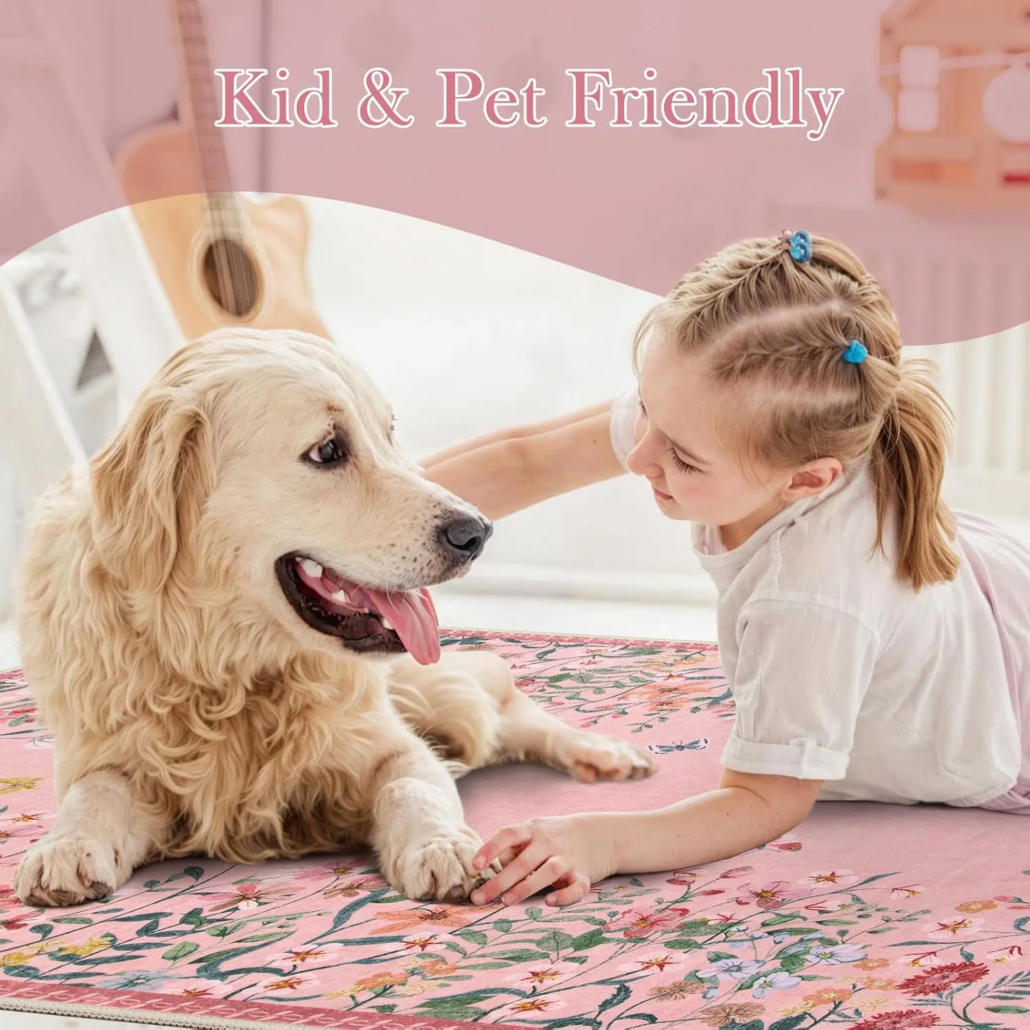 Wonnitar Washable Floral Print Non-Slip Area Rug for Living Room & Bedroom - Soft Large Throw Carpet for Kids Nursery (Pink, 5'x7'")