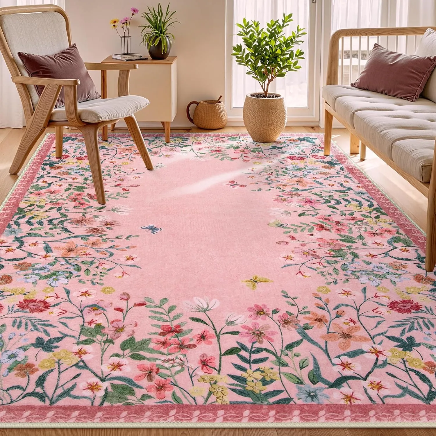 Wonnitar Washable Floral Print Non-Slip Area Rug for Living Room & Bedroom - Soft Large Throw Carpet for Kids Nursery (Pink, 5'x7'")
