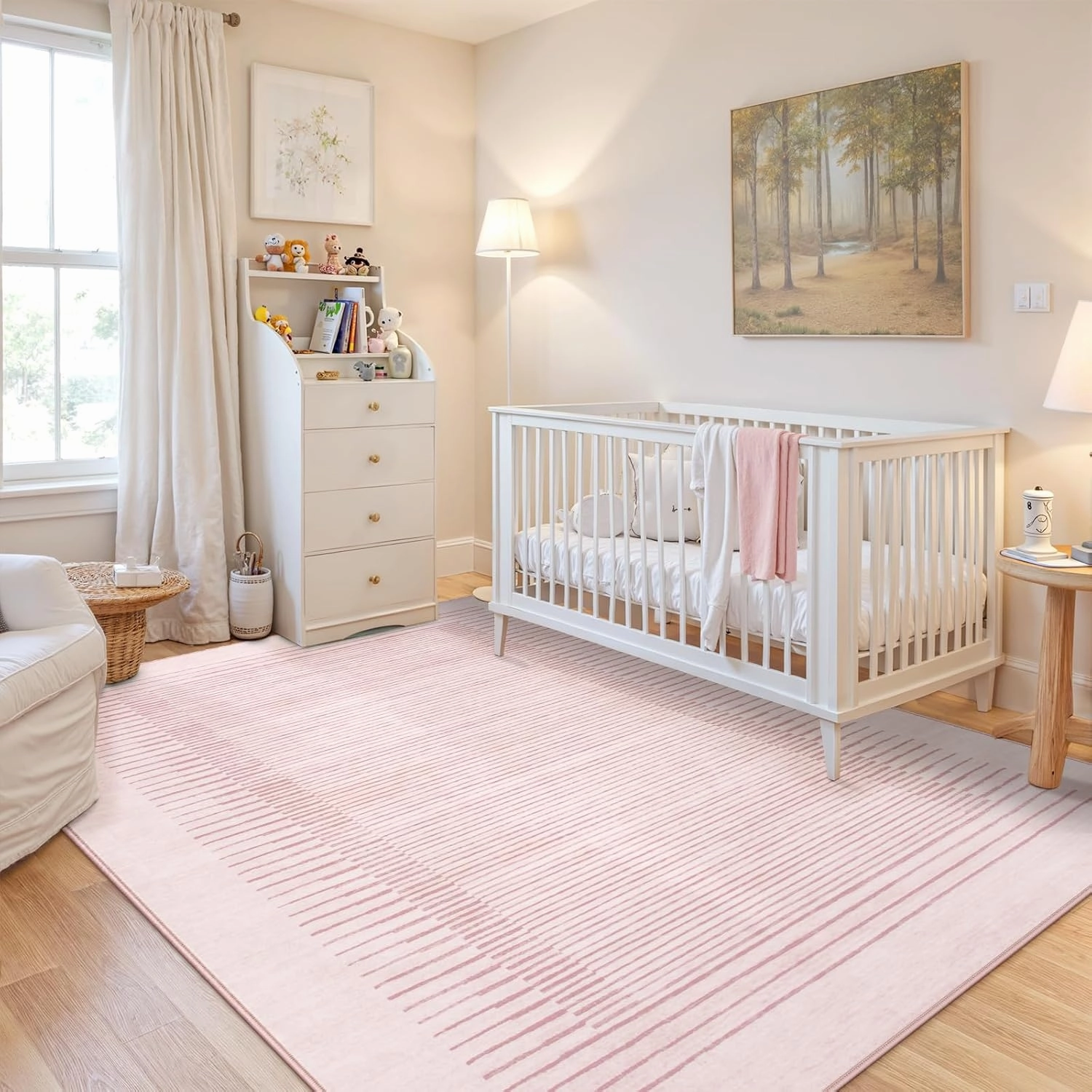 Wonnitar Washable Striped Living Room Area Rug 5x7, Non-Slip Berber Stripe Pink Area Rugs for Bedroom Girls, Low Pile Soft Soft Large Throw Carpet for Kids Nursery Room (Pink,5' x 7')