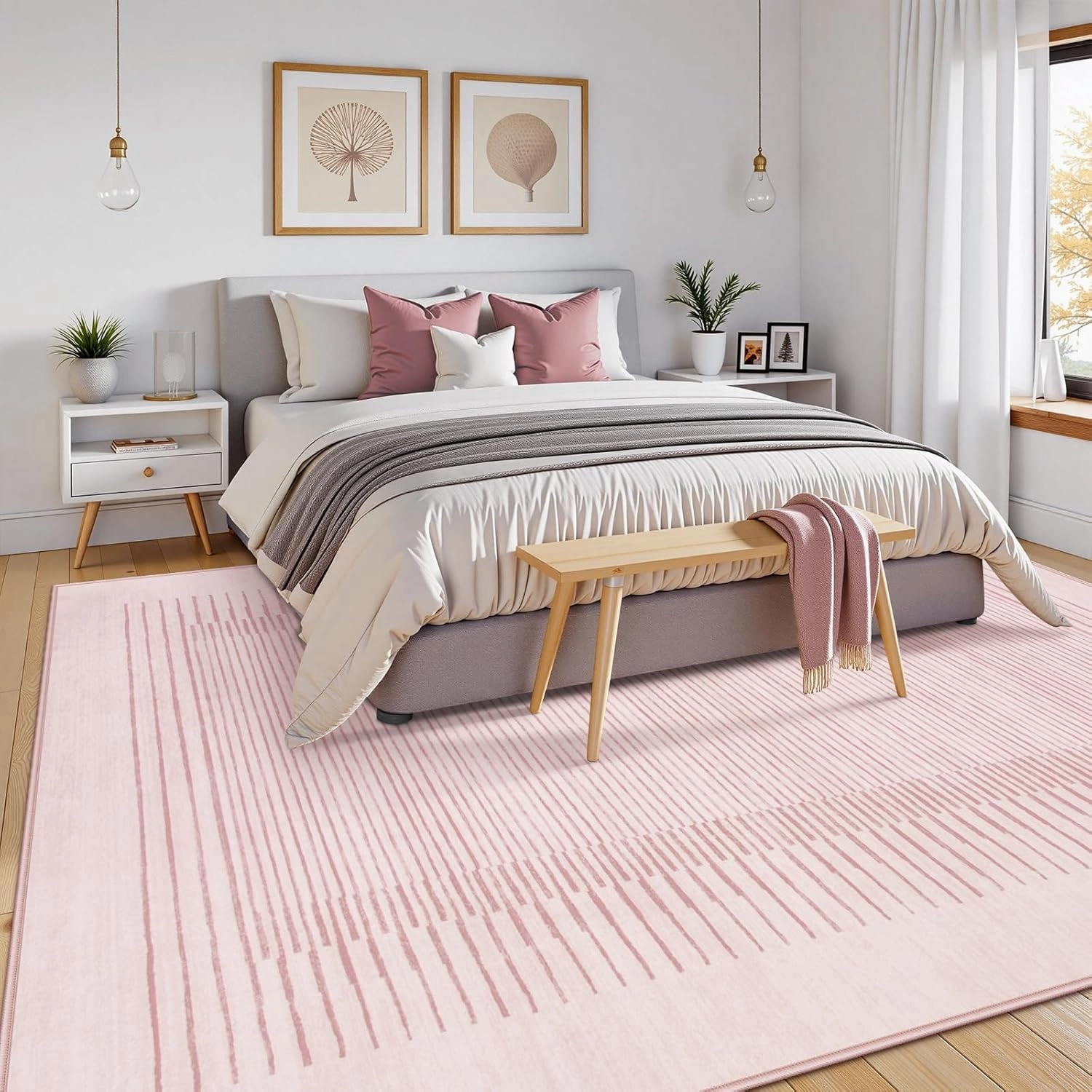 Wonnitar Washable Striped Living Room Area Rug 5x7, Non-Slip Berber Stripe Pink Area Rugs for Bedroom Girls, Low Pile Soft Soft Large Throw Carpet for Kids Nursery Room (Pink,5' x 7')