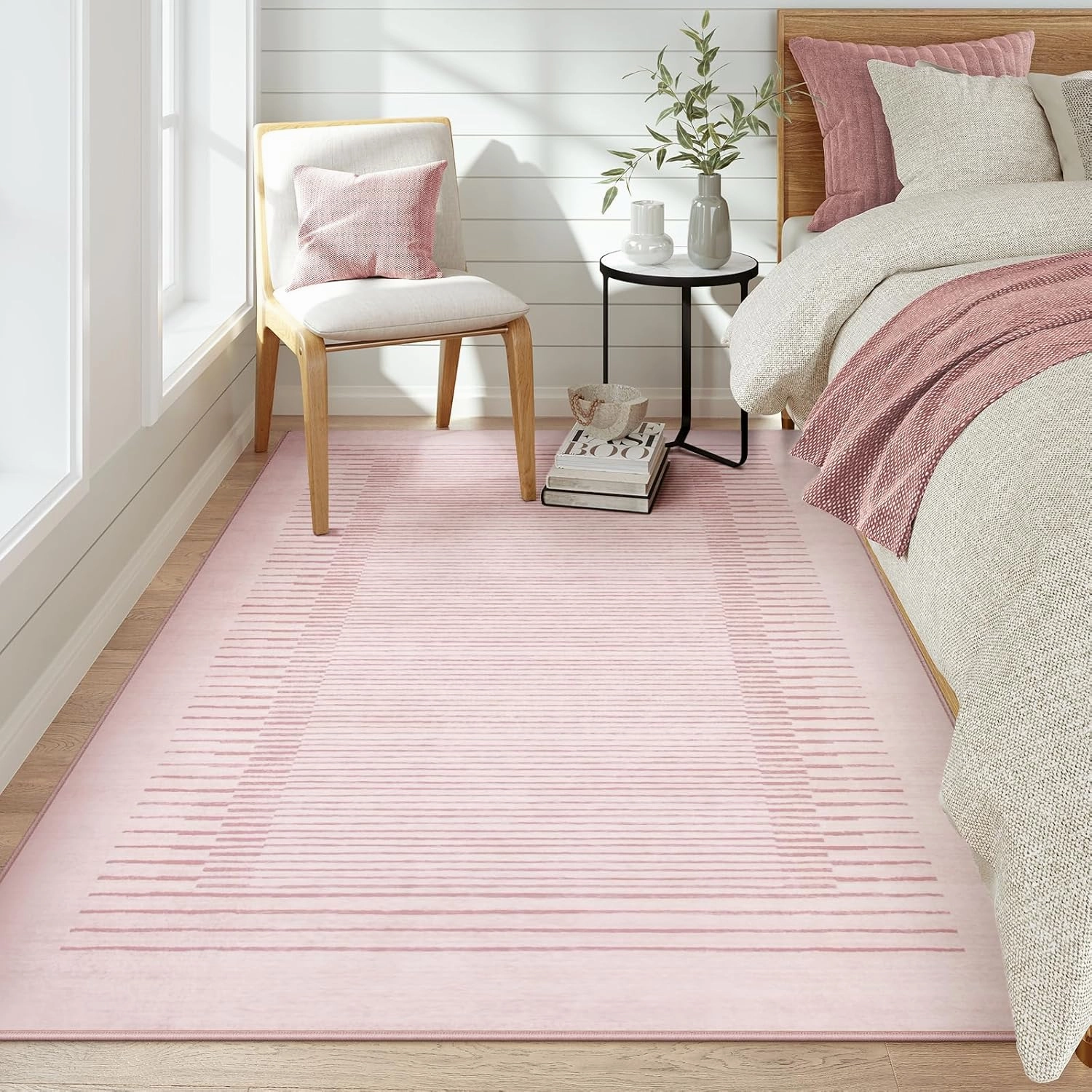 Wonnitar Washable Striped Living Room Area Rug 5x7, Non-Slip Berber Stripe Pink Area Rugs for Bedroom Girls, Low Pile Soft Soft Large Throw Carpet for Kids Nursery Room (Pink,5' x 7')