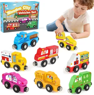 Wooden Magnetic Trains Cars - 8 Piece Educational and Skill-Building Wooden Toy for Boys and Girls Toys Train, Montessori Fine Motor Skills for Toddlers and Kids Ages 3 
