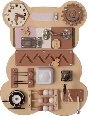 Wooden Sensory Bear Shaped Learning Toddler Busy Board for Playroom, Nursery, Preschool, and Doctors' Office (Pink)